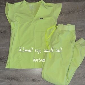 Figs lemon scrub set flutter sleeve XS top and XS tall bottom Zamora